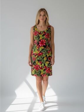 Vintage Kathie Lee Tropical Floral Sheath Dress Sz 6 Black Red Sleeveless Vacay